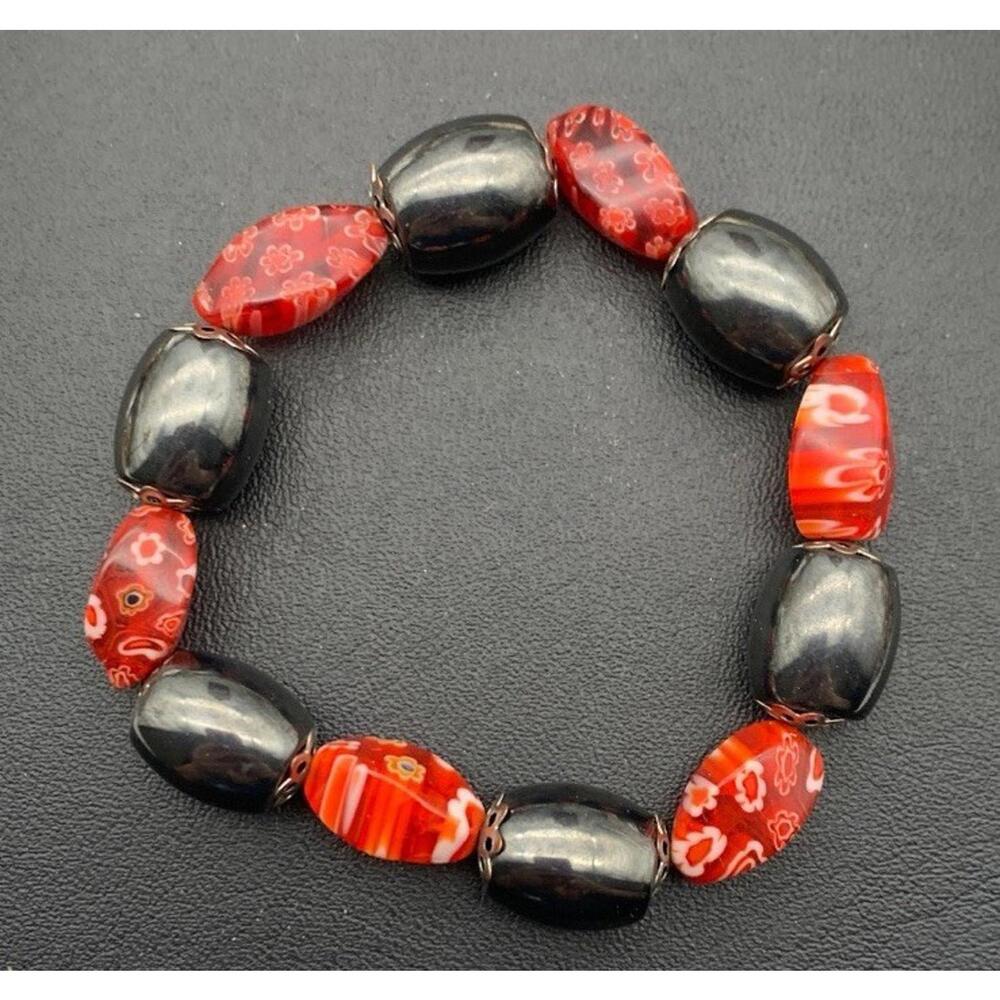 Hematite‎ Magnet & Red Millefiori Glass Art Glass Floral Beaded Stretch Bracelet